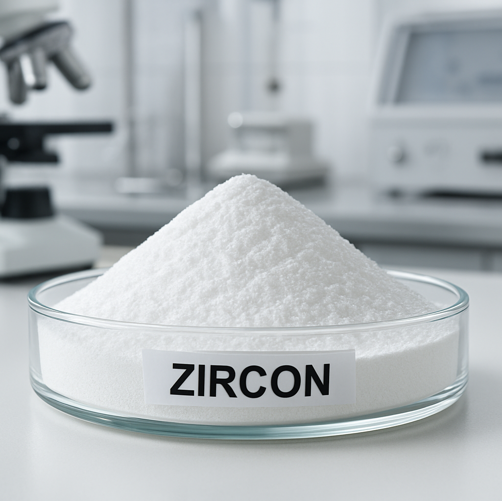 High-quality zircon powder in laboratory setting showing material purity and professional testing environment