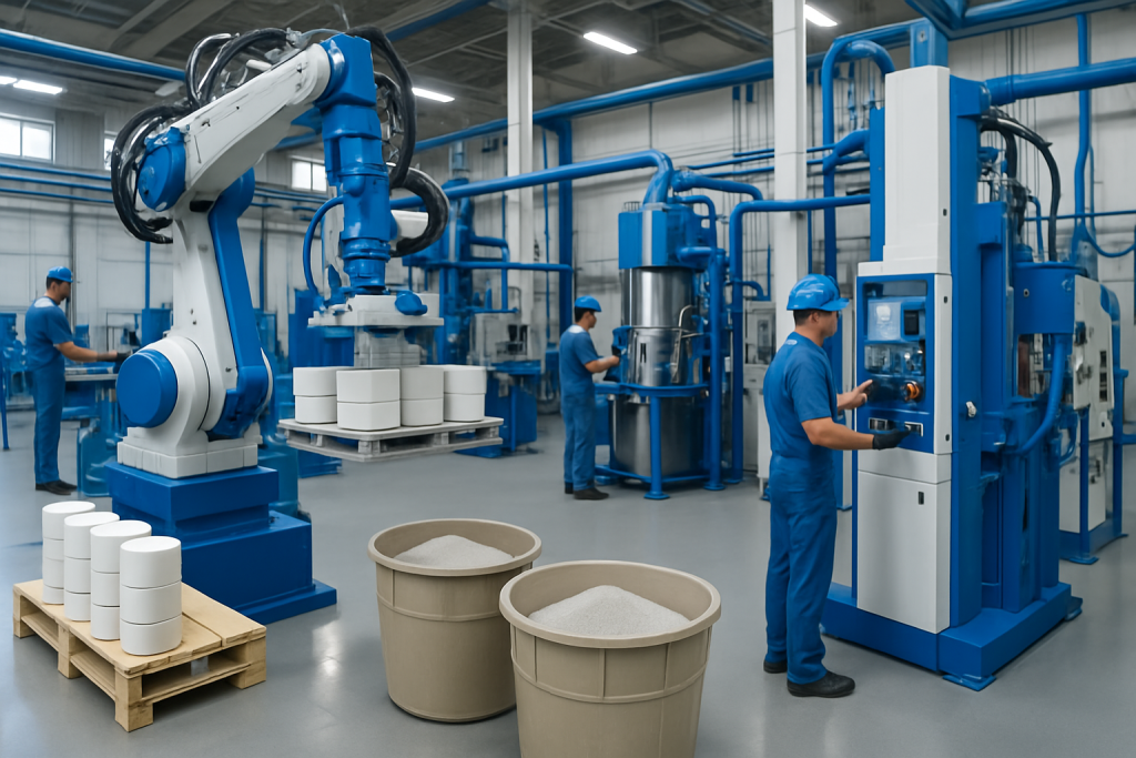 Modern industrial manufacturing facility processing zircon powder into advanced ceramic components