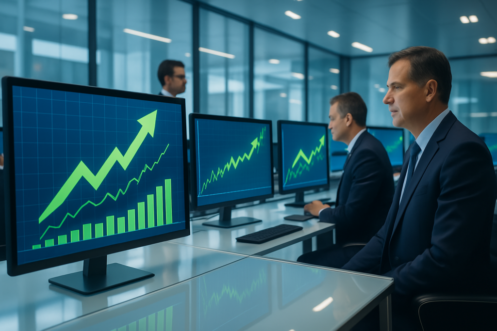 Business professionals analyzing upward trending market charts showing positive investment growth