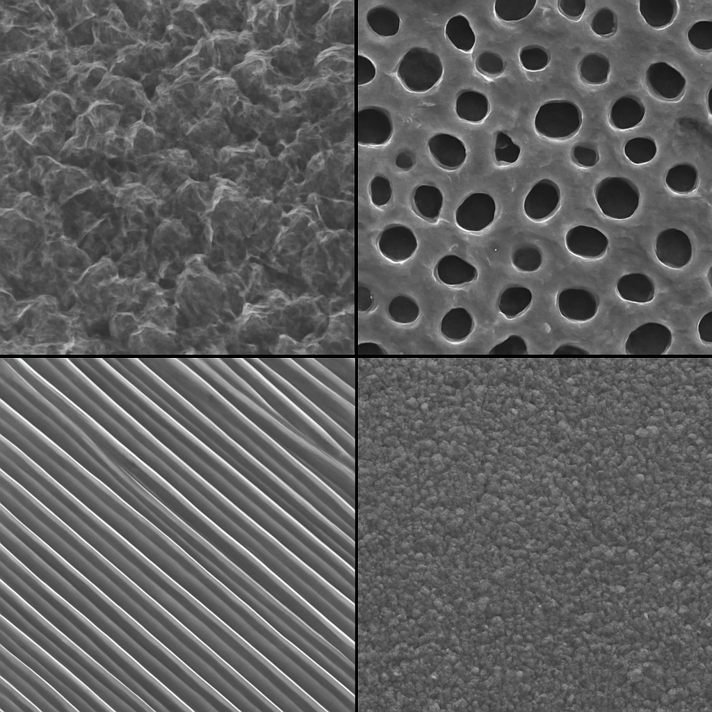 Microscopic view of different zirconia surface modification techniques showing varied topographies