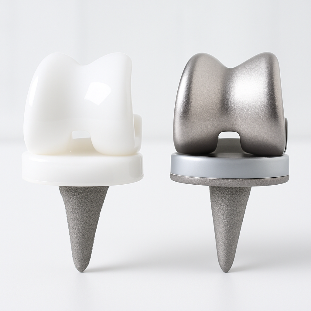Comparison of zirconia (white) and titanium (metallic) orthopedic implants