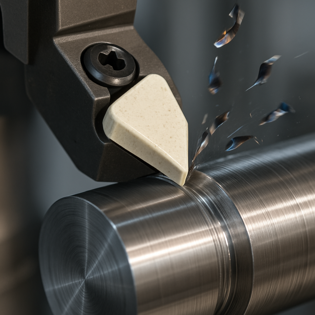 Zirconia cutting tool in action, showing a white ceramic insert cutting a metal workpiece with visible metal chips flying