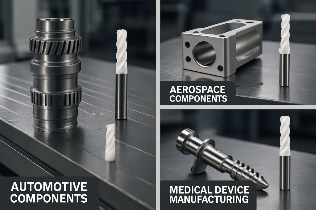 Various industrial applications of zirconia cutting tools including automotive components, aerospace parts, and medical devices
