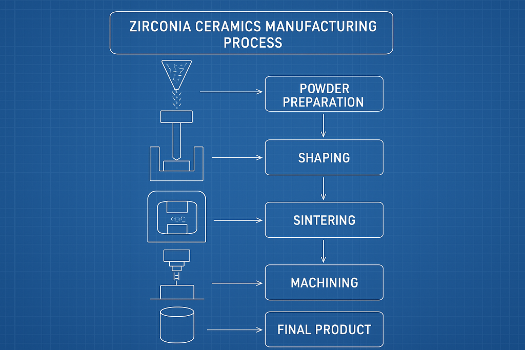 Manufacturing process diagram for zirconia ceramics