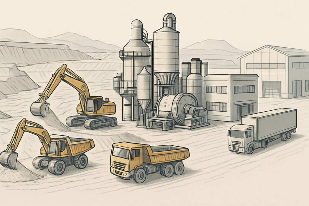 Vertically integrated zircon powder supply chain showing mining, processing, and distribution operations