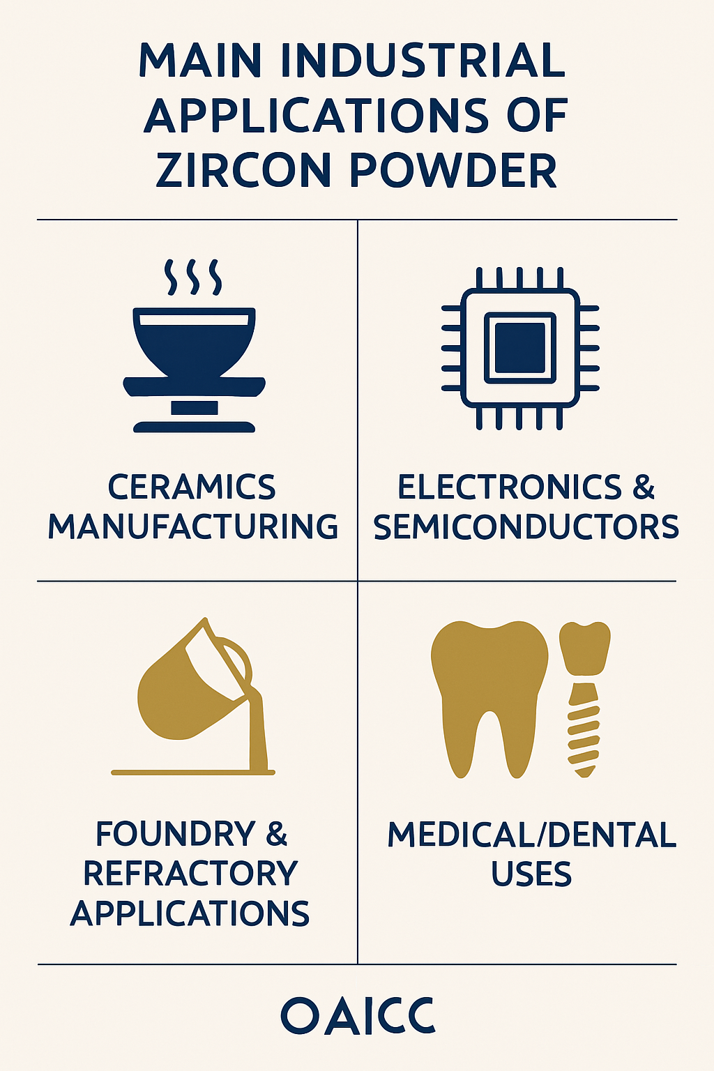 Main Industrial Applications of Zircon Powder showing ceramics, electronics, foundry, and medical uses