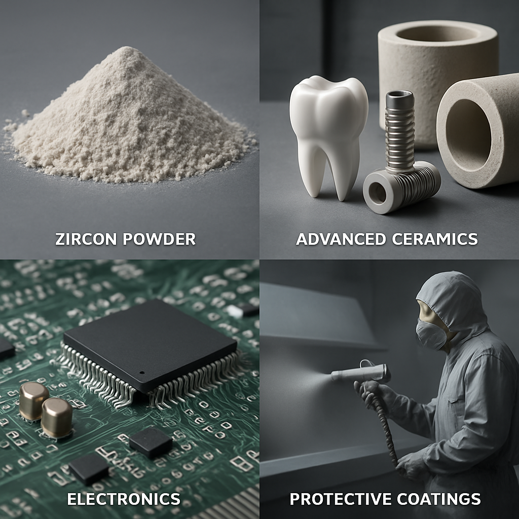 A collage or composite image showcasing various industrial applications of modified zircon powder, such as advanced ceramics (e.g., dental implants, industrial kiln components), electronics (e.g., circuit boards, capacitors), and protective coatings. The image should convey the versatility and high-performance nature of the material in these diverse fields. The style should be modern, clean, and industrial. Industrial Applications of Modified Zircon Powder
