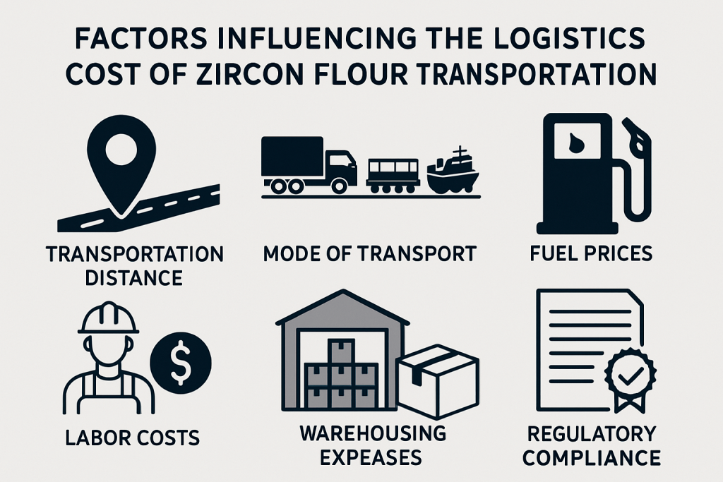 This image illustrates key factors that affect logistics costs for transporting zircon powder.