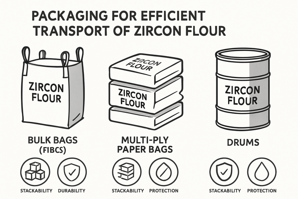 This image presents various packaging types suitable for transporting zircon powder efficiently.
