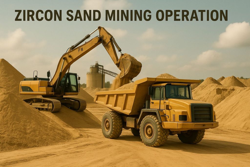 Excavator and dump truck working together in an open-pit zircon sand mining site with visible processing facility in the background.