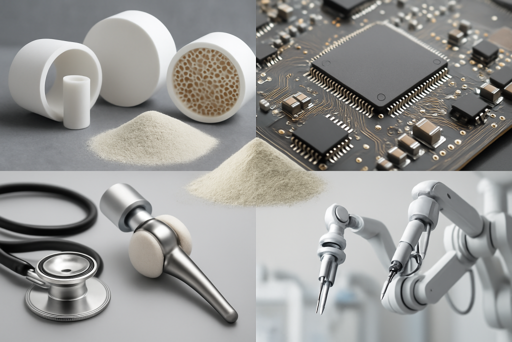 A diverse set of industrial and high-tech applications, such as advanced ceramics, electronic components, and medical devices, subtly incorporating zircon powder in their manufacturing process. The image should convey the broad impact of zircon powder across various industries. Zircon Powder Applications