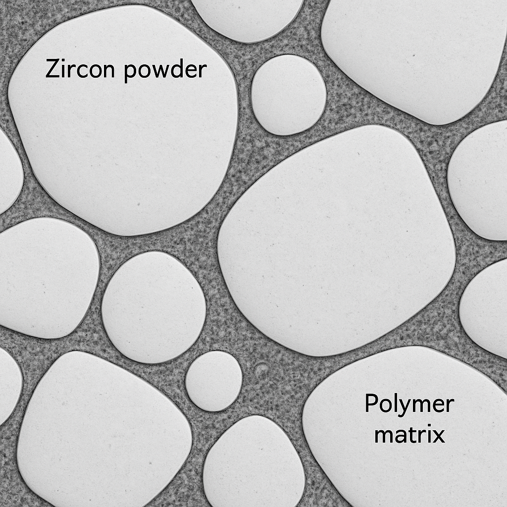Microscopic view of zircon powder particles dispersed in a polymer matrix, highlighting the interface Zircon Powder Composite Interface
