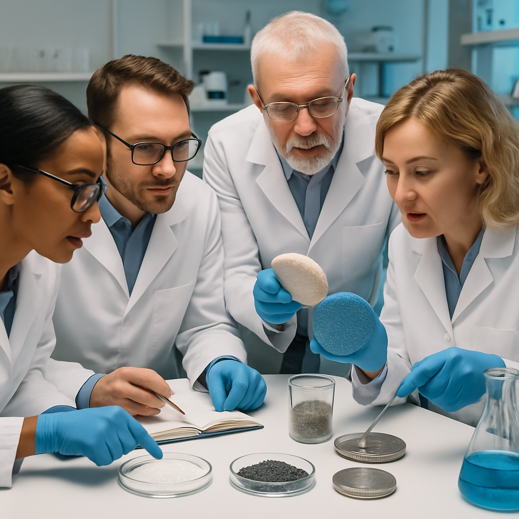 A laboratory setting with scientists collaborating around a table, looking at samples of zircon powder and advanced materials, symbolizing research and innovation in zircon powder applications. Zircon Powder Research Innovation