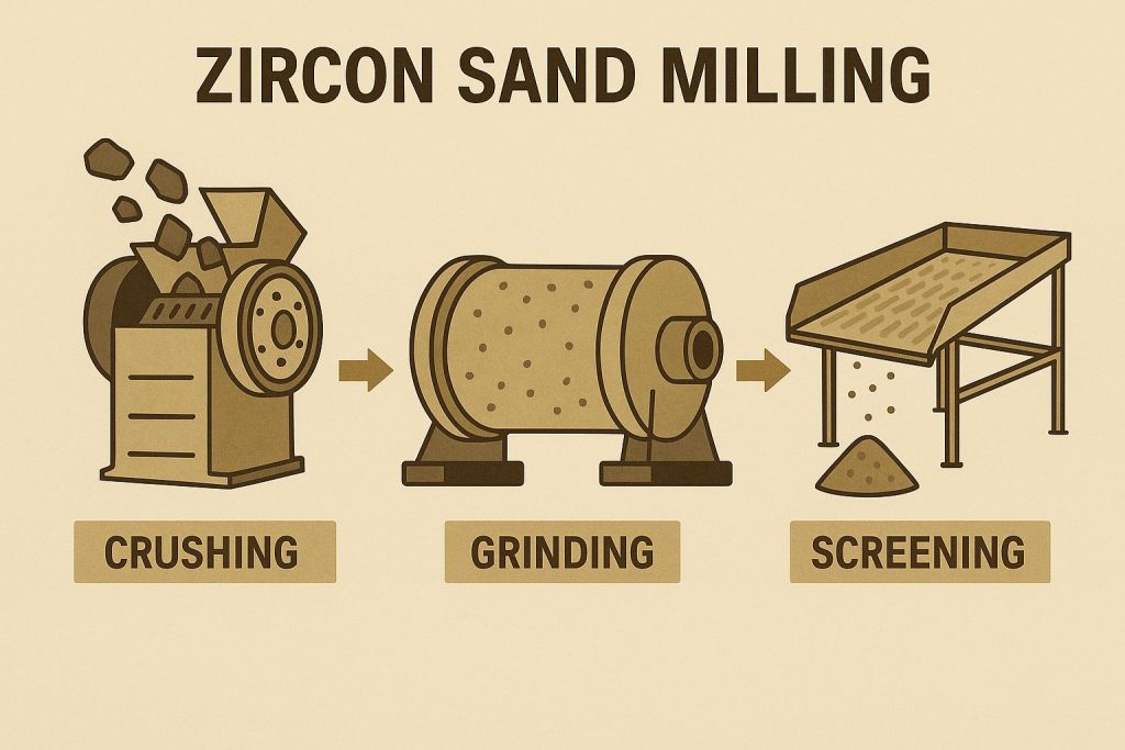 Illustration showing zircon sand milling stages: crushing, grinding, and screening with machinery icons and labeled process steps.