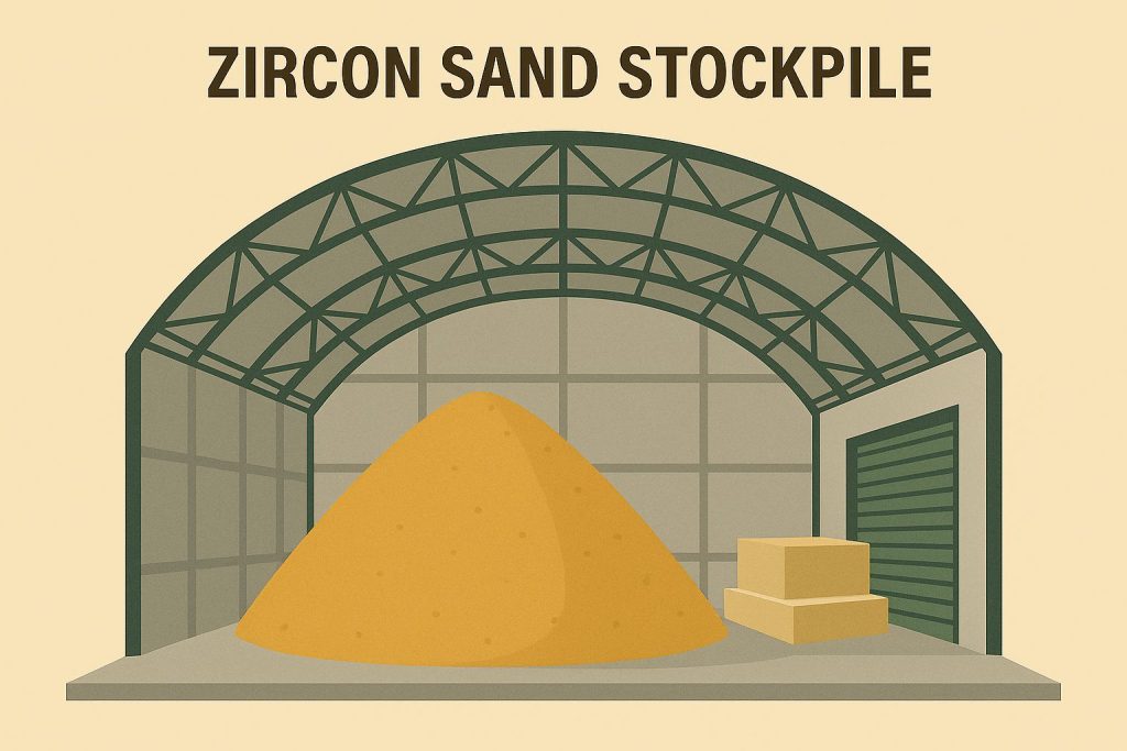 A large stockpile of zircon sand stored under a protective warehouse to maintain quality and prevent contamination.