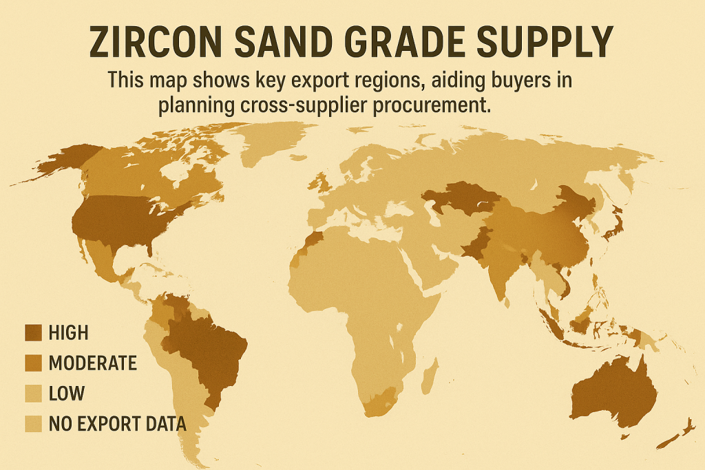 World map highlighting main Zircon Sand supply regions: premium sources in Australia and South Africa, standard supply in Indonesia and United States.