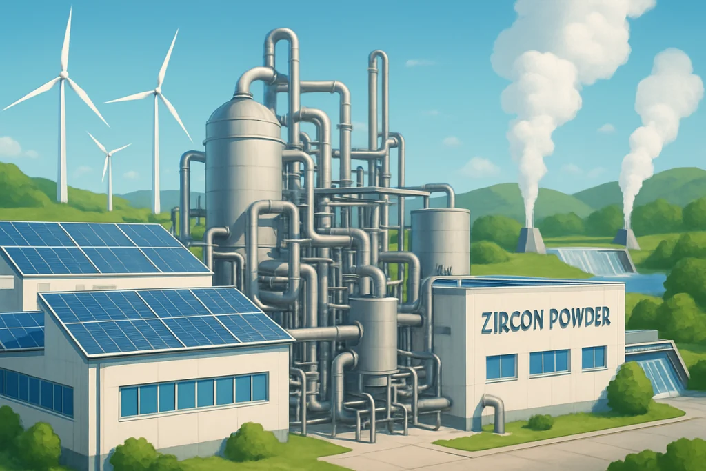 This graphic depicts an industrial facility with green energy elements, demonstrating sustainable production practices for zircon powder.