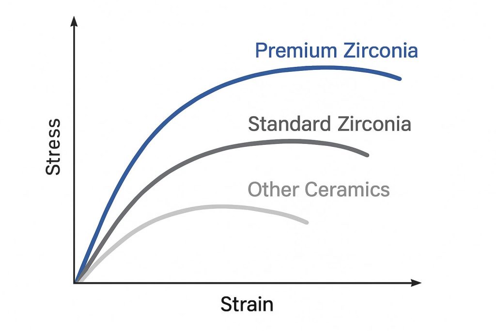 Stress-strain comparison graph showing the superior flexural strength and fracture behavior of premium zirconia grades compared to standard grades and other engineering ceramics