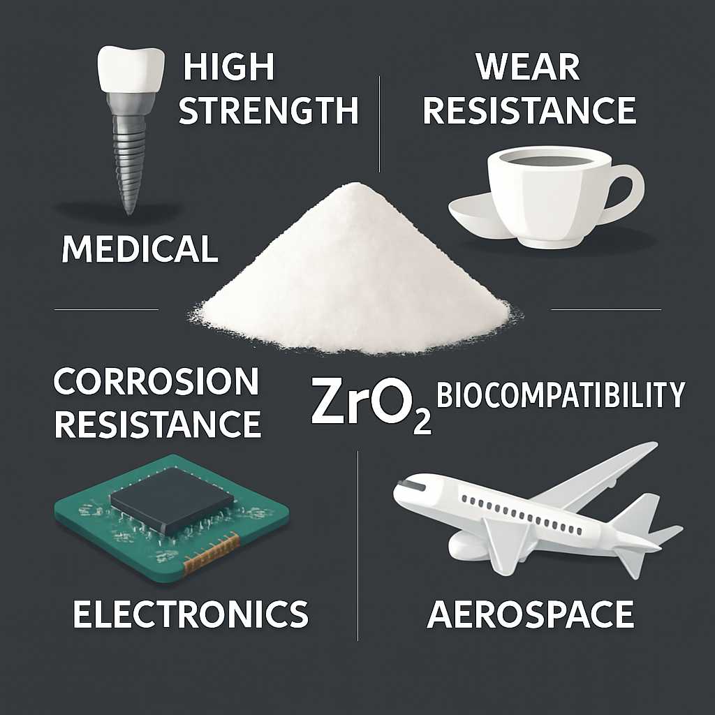 This image illustrates the unique properties of zirconia powder, showcasing its diverse applications in various industries.