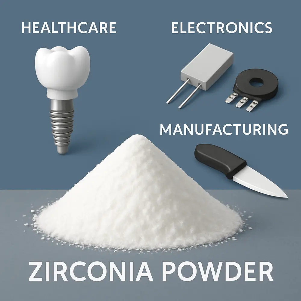 This image shows various applications of zirconia powder across healthcare, manufacturing, and electronics industries.