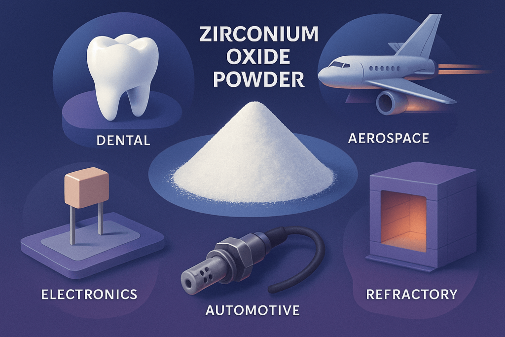 This image illustrates zirconia powder being utilized in various industrial applications, showcasing its versatility and significance.