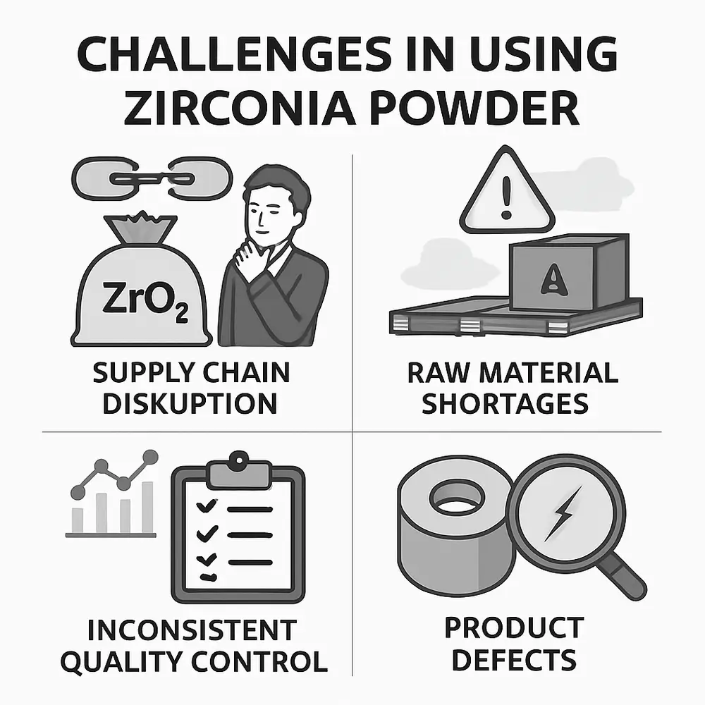 This image shows various applications of zirconia powder across healthcare, manufacturing, and electronics industries.