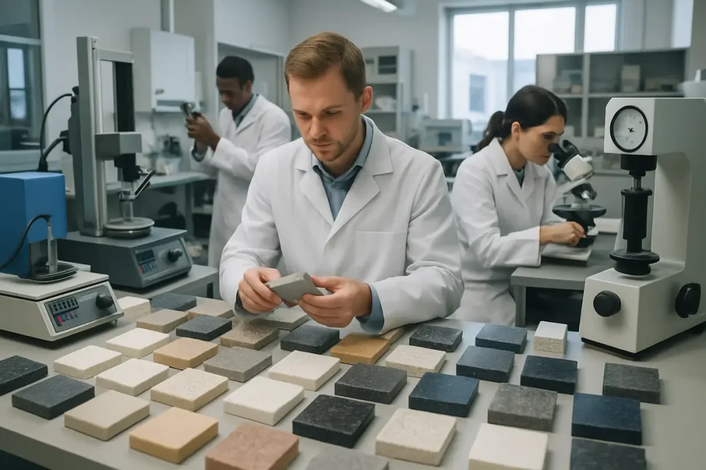 A quality testing laboratory where engineered stone products are evaluated for performance and consistency.