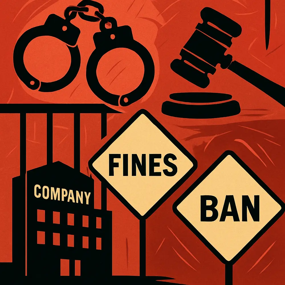This image highlights the potential legal consequences businesses face when failing to comply with trade regulations.
