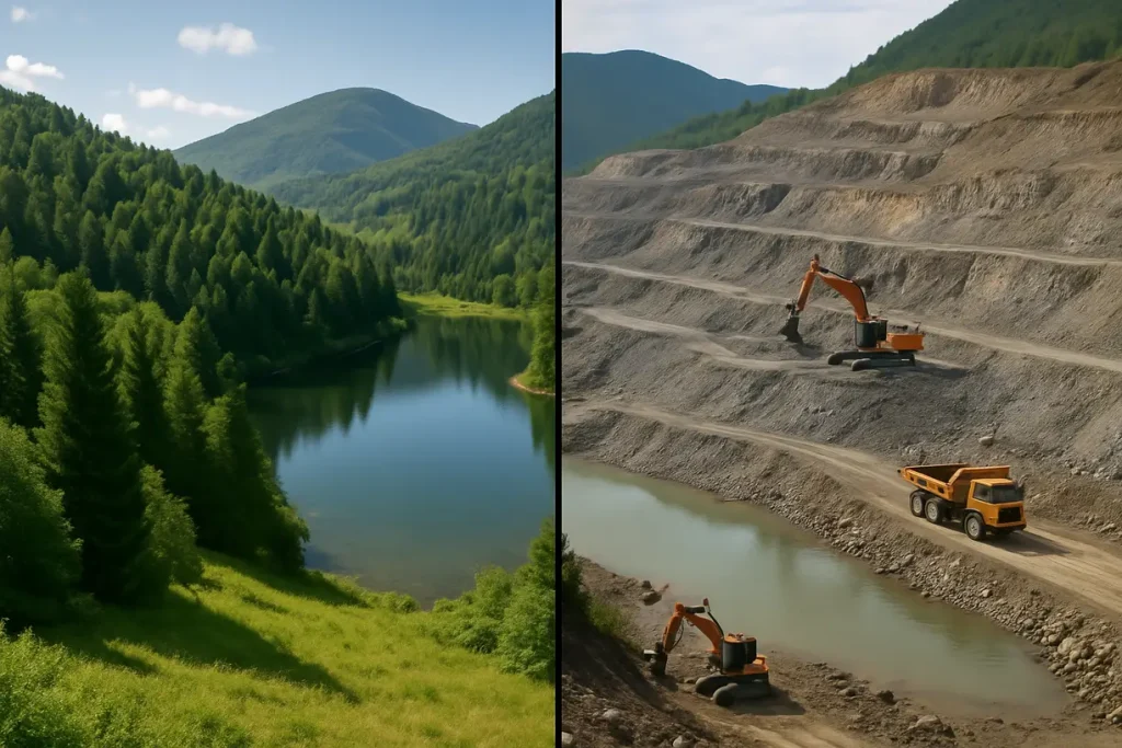 A scenic landscape before and after mining activities