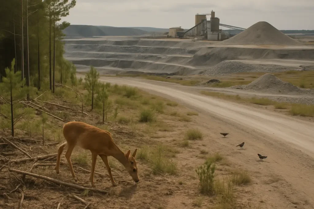 A representation of local fauna affected by mining would highlight animal struggles due to habitat loss.