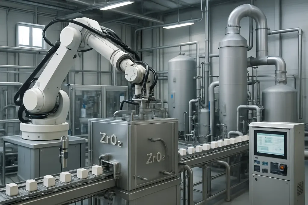 Depicts advanced technology and automation in zirconia extraction for improved efficiency and sustainability.