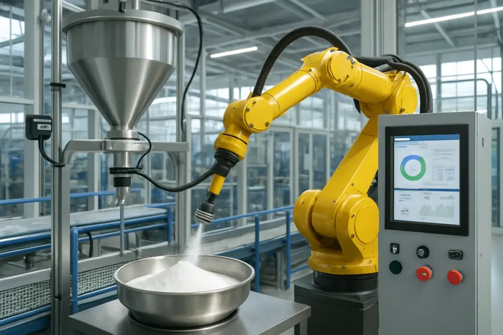 The image shows advanced sustainable manufacturing technology, showcasing IoT and automation applications in zirconia powder production.