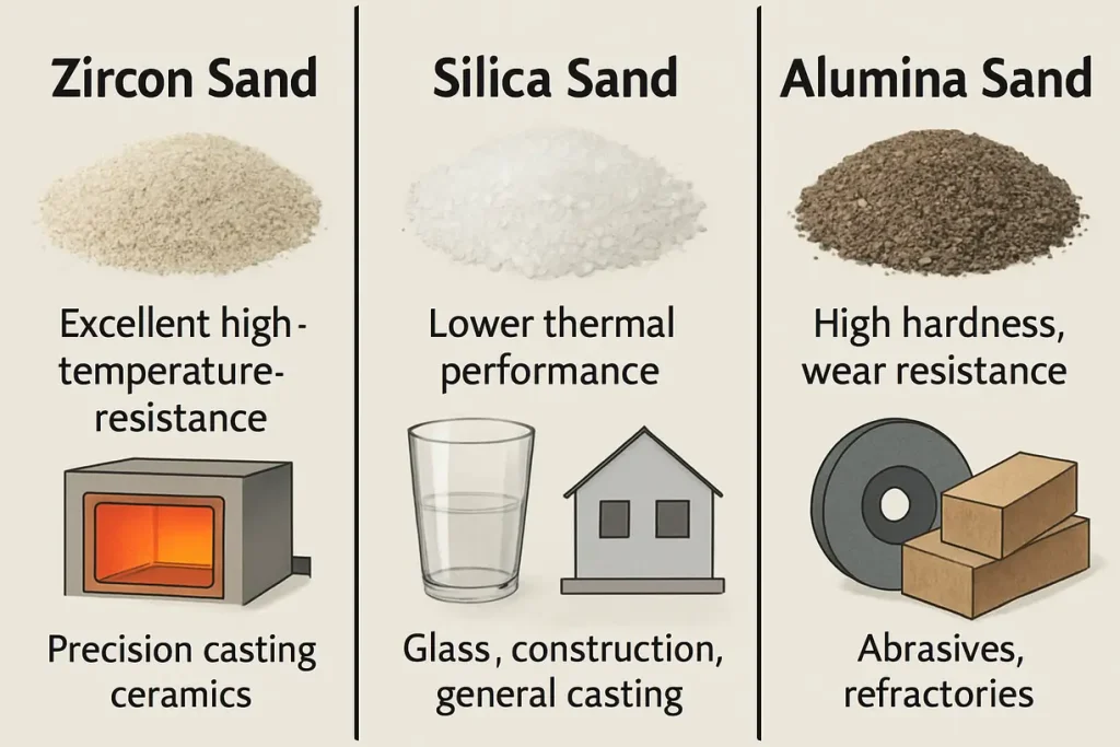 This image compares zircon sand with silica and alumina sands, highlighting differences in thermal properties and usage.