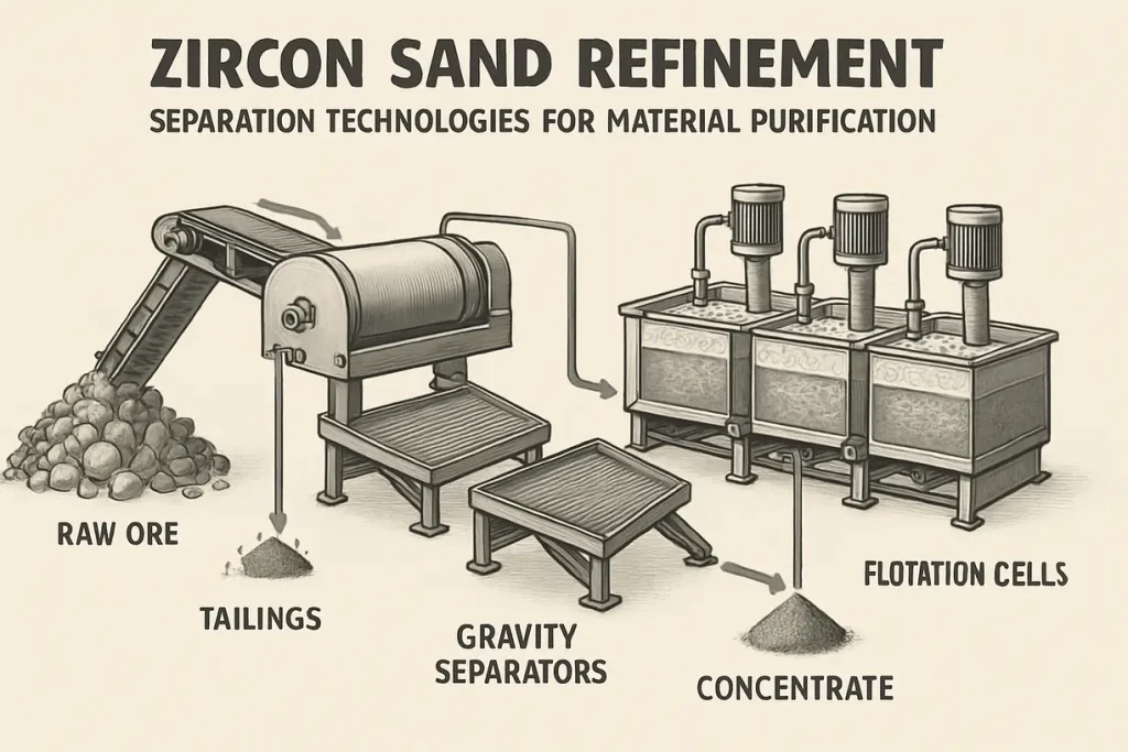 Workers refining zircon sand in a processing facility.