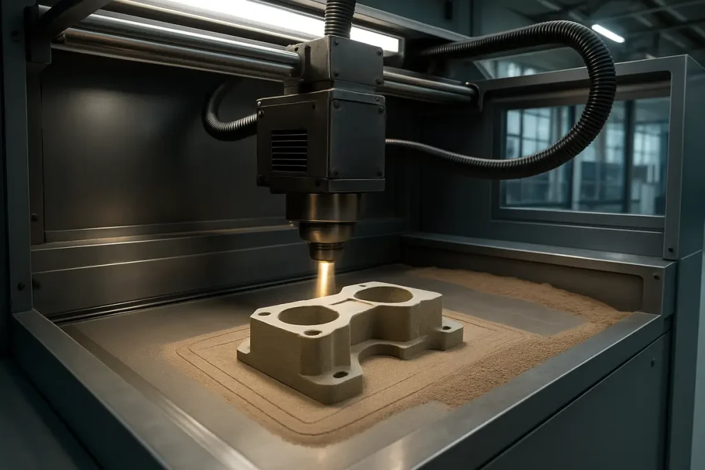 A 3D printer using zircon sand to create durable parts in an industrial setting.