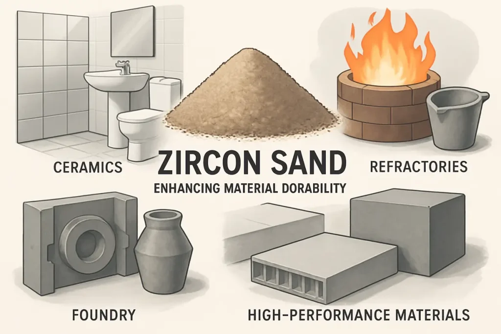 This image illustrates various industrial applications of zircon sand to highlight its versatility in enhancing material durability.