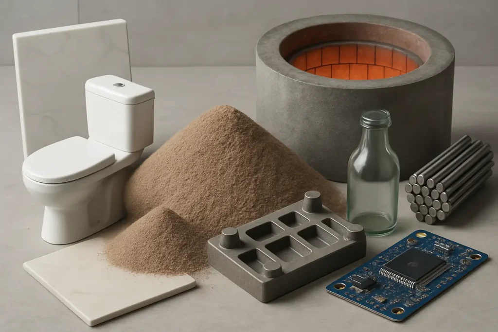 This image illustrates the diverse applications of zircon sand across various industries, showcasing its versatility and importance.