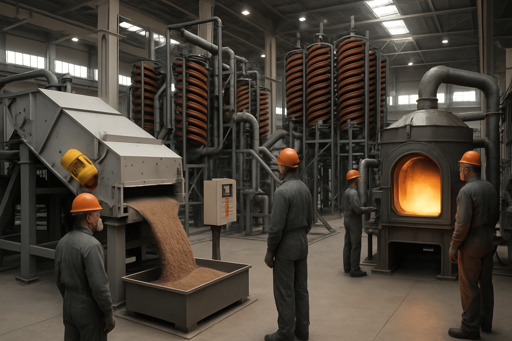 This image depicts the industrial setup for processing zircon sand, showcasing machinery and handling operations.