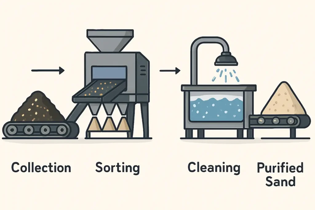 This image illustrates the steps involved in the zircon sand recycling process, highlighting sorting and cleaning stages.