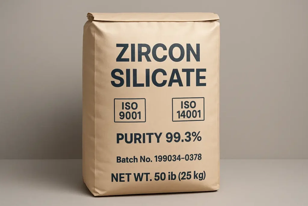 This image illustrates the packaging of zirconium silicate, showcasing quality branding and quality assurance measures.