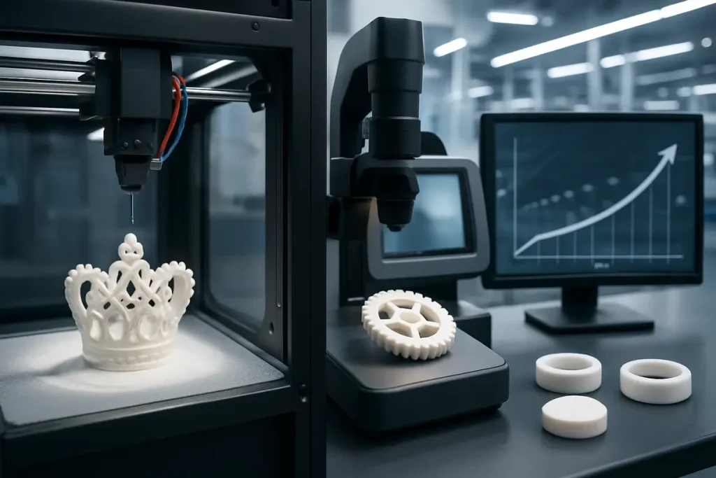 This image illustrates innovative production techniques like 3D printing that enhance zirconia powder quality and efficiency.
