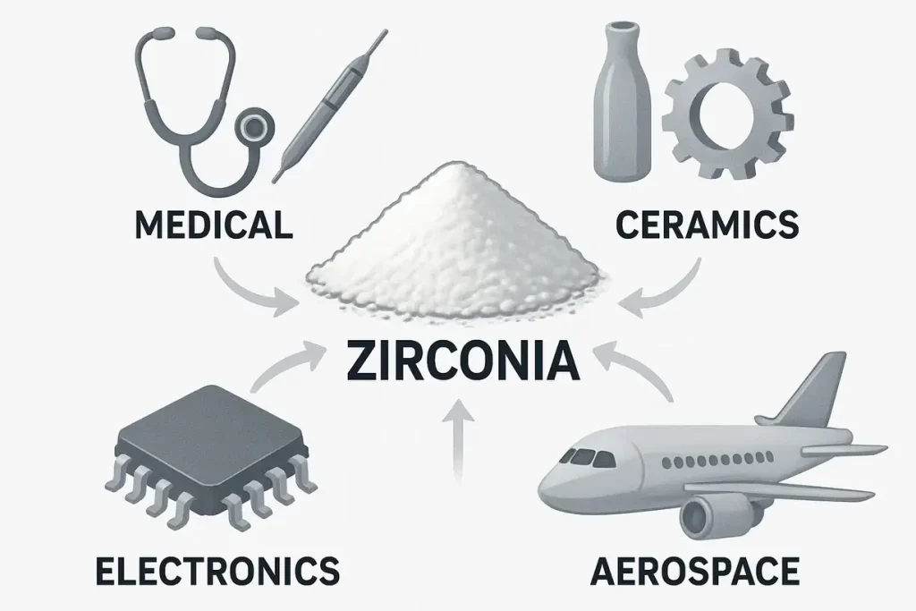 This image displays the diverse applications of zirconia powder in various industries.