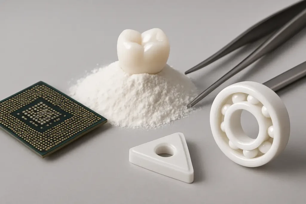 This image highlights various manufacturing applications of stabilized zirconia powder.