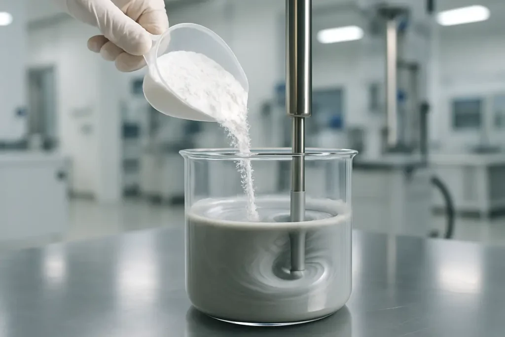 Zirconia powder being integrated into ceramic mixtures for improved properties.