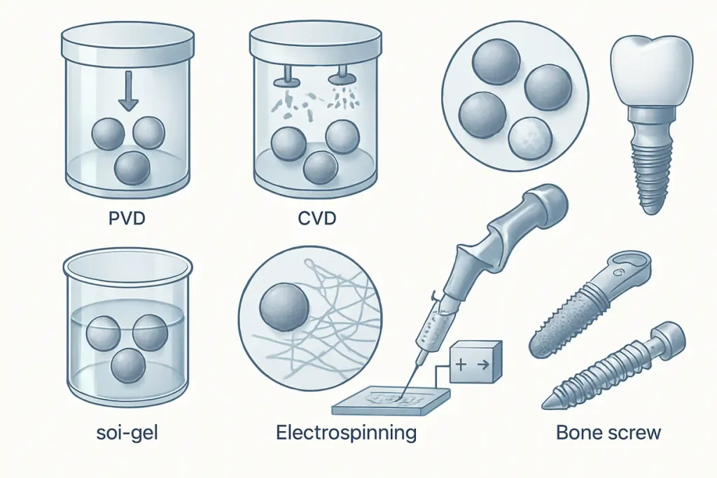 This image illustrates the various coating technologies used for enhancing zirconia powder in biomedical applications.