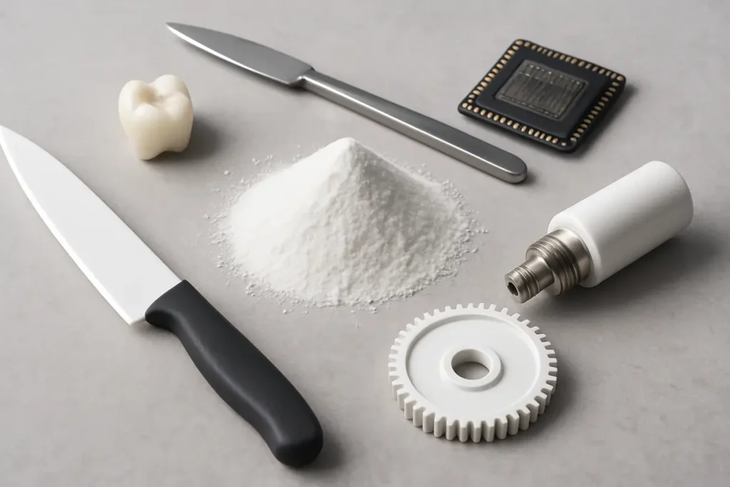 This image displays common applications of zirconia powder across various industries.