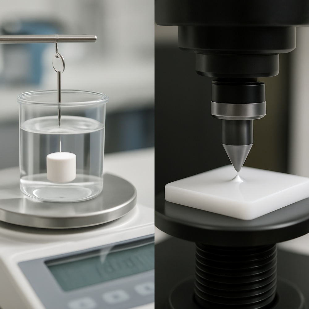 Medical-grade zirconia powder being measured for density and hardness.