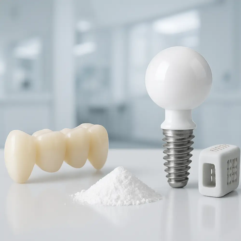 This image represents zirconia powder's critical role in dental and medical applications.