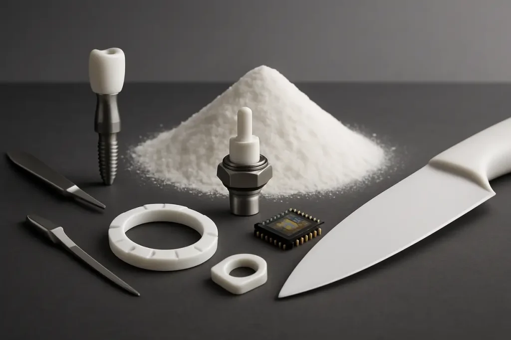This image highlights the diverse applications of zirconia powder in various industries.