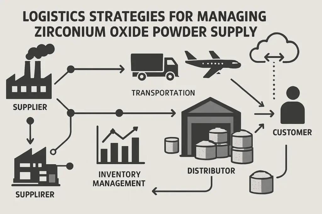 This image illustrates the logistics strategies crucial for effective zirconia powder supply management.
